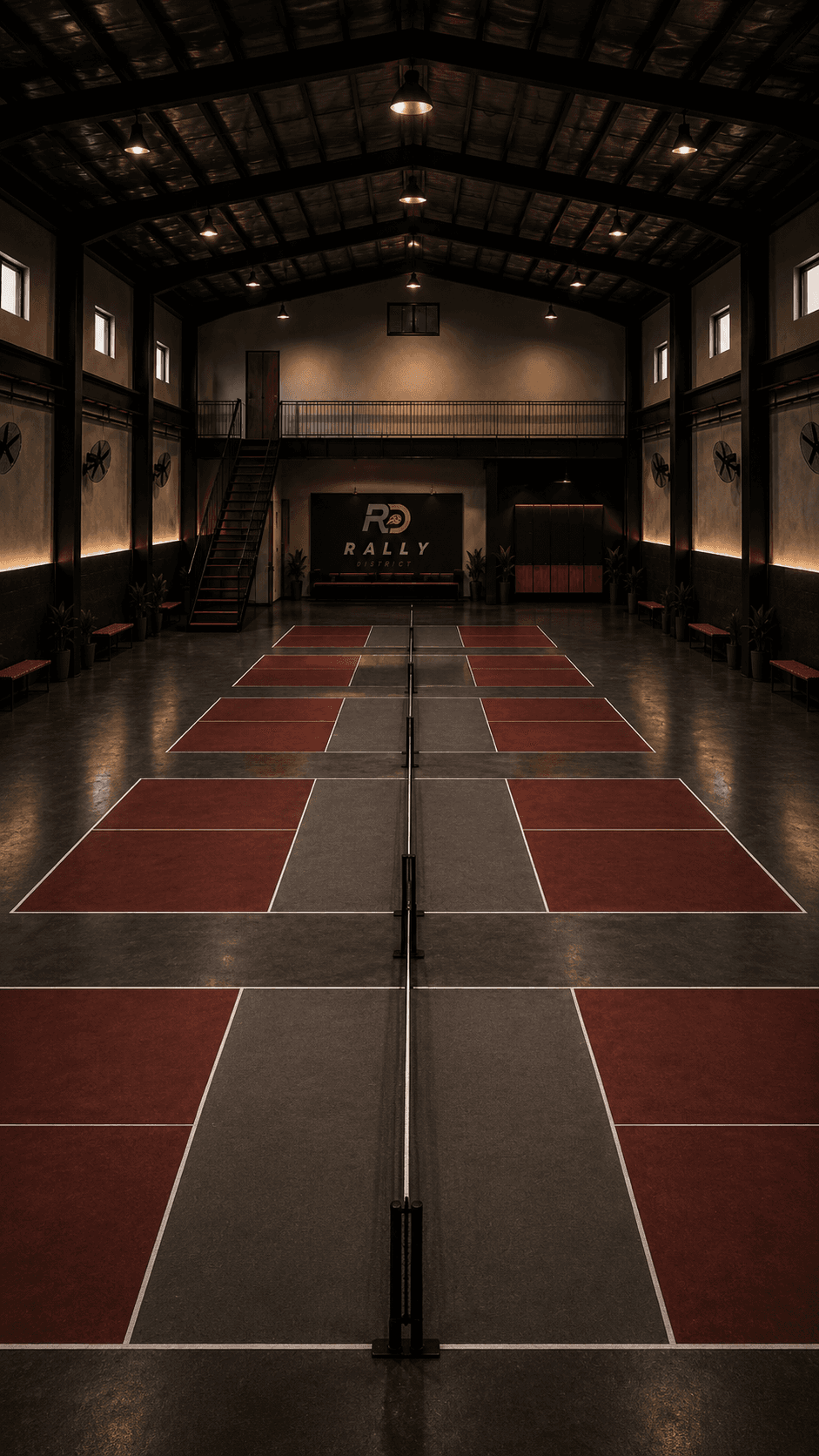 Rally District pickleball court at night
